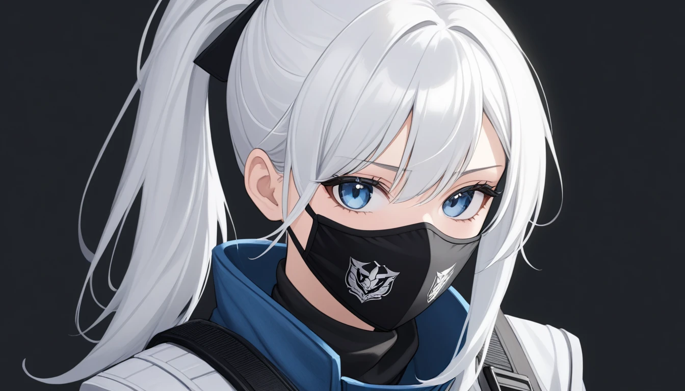 Call of duty female soldier with white hair ponytail, assassin outfit,blue eyes face mask,vlack background 