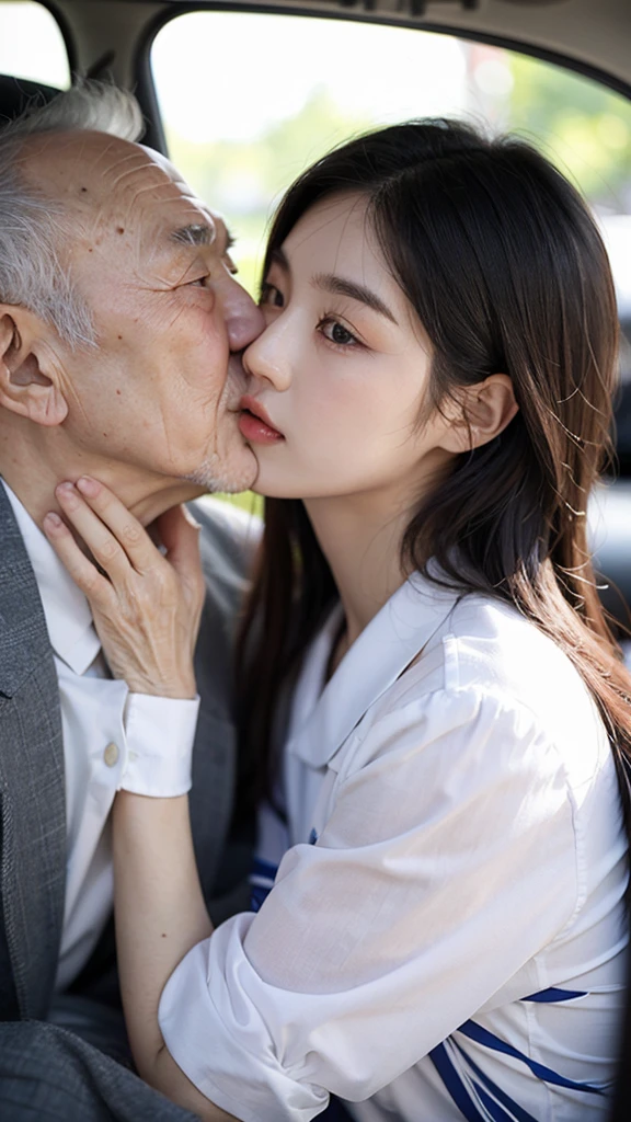 ((Korean old man kisses girl and wears driver's uniform 1.8)) ,(1.Seven people on the bus), (Young Korean girl sitting naked on a chair 1.9), (Night 1.7), focus on old people, A girl and an old man facing each other, (Wide Saker:1.3)