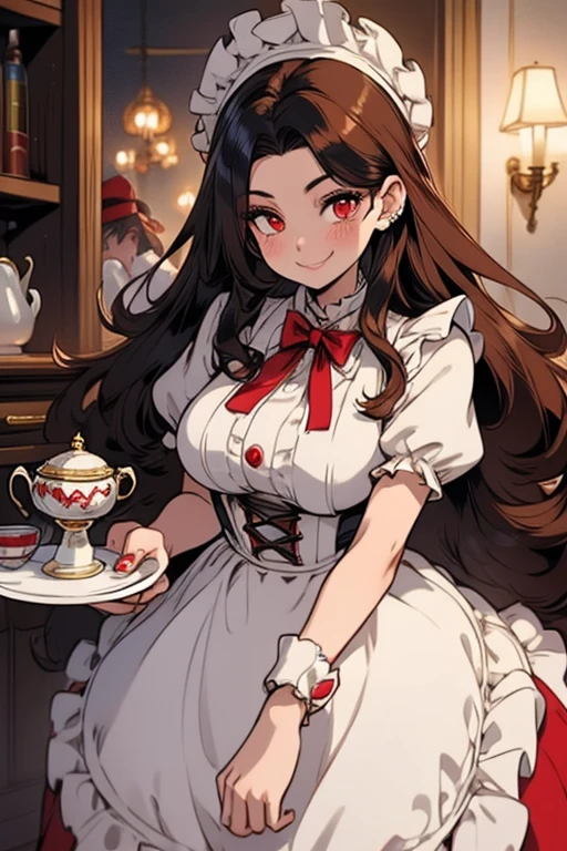 Perfect face. Perfect hands. A brown haired woman with red eyes and an hourglass figure in a Lolita maid dress is setting up a tray of cookies and tea in a fancy kitchen with a big smile