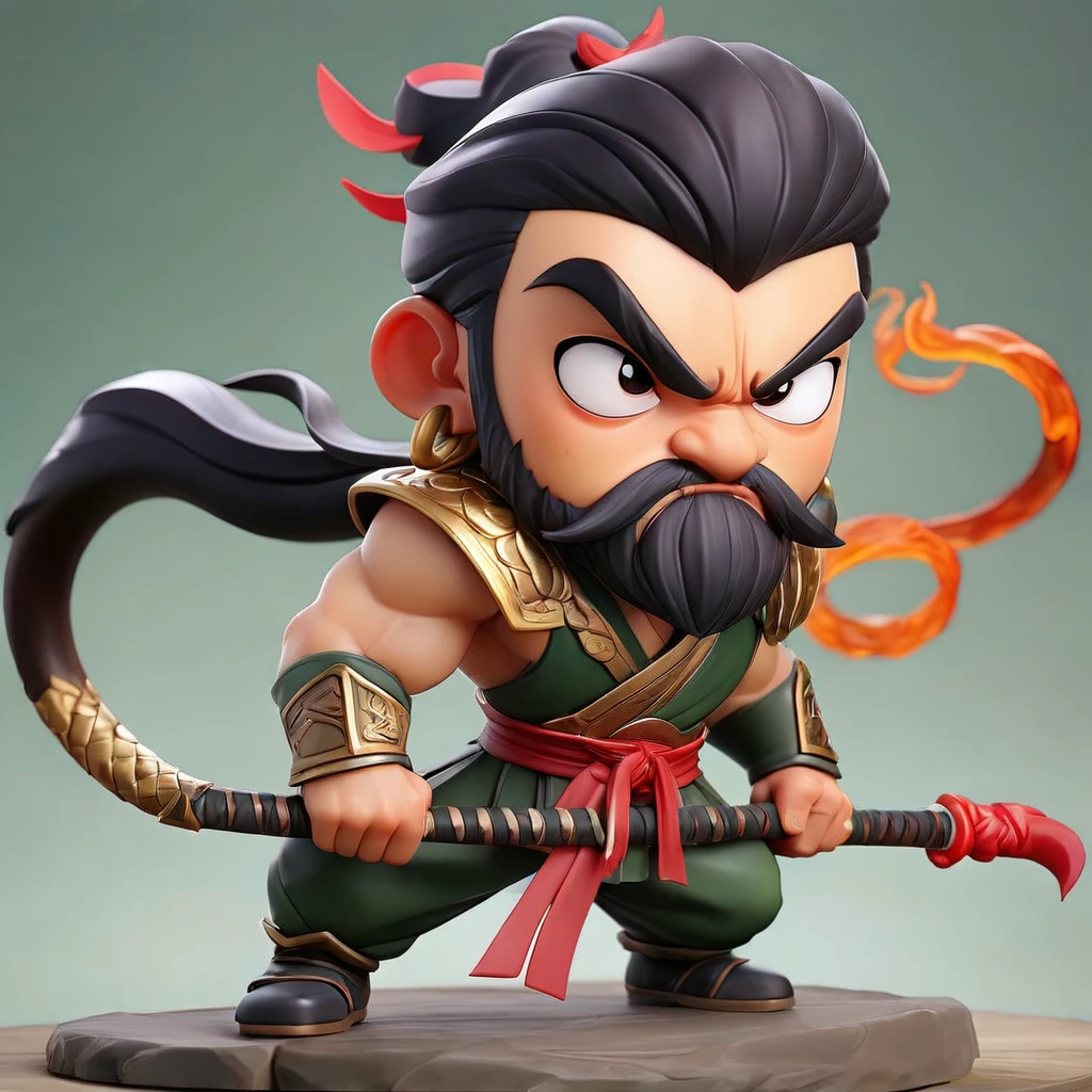 Q version,Two-dimensional character design,2 head body character,Zhang Fei,male,Fierce expression,45 degree side,front,back,game character,Three Kingdoms Characters,Zhangba Snake Spear