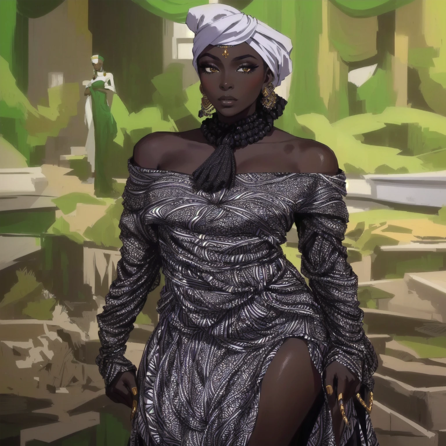 araffe woman in a black and white dress and a turban, stunning african princess, maria borges, wearing an african dress, in style of nadine ijewere, black african princess, wearing an elegant tribal outfit, black young woman, african princess, african domme mistress, young black woman, african woman, adut akech, african queen
