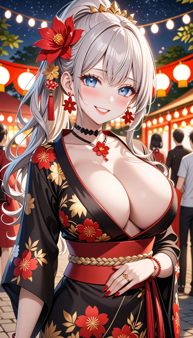ultra-detailed, ((one girl)), (pale skin:1.4), (portrait), fair-skinned gyaru, ((Girl in black kimono)), (heavy makeup), hyper detailed, absurdres, 8k, Beautiful Face, (Laugh shyly), ((teasing smile:1.2)), ((happy smile:1.4)), ((Wink:1.3)), (Laugh with your mouth wide open), ((Tilt your face:1.6)), View your viewers, ((full-face blush:1.3)), Glossy Red Lips, ((huge breasts:1.6)), summer, night, Small park, Festival Venue, ((Anime style background)),masterpiece, Highest quality, Latest, Complex details, ((red long nail:1.2)), (ring),(bracelet), (Floral Choker),AI-generated, Complex,High resolution, Highest quality, super high quality,3D Images、3D Images,One person, (Silver White hair),Long Hair, (White high ponytail), (wavy hair:1.3)), Anime woman posing for a photo, ((Eyes with detailed pupils、blue eyes、glowing eyes:1.3)), (Squint your eyes:1.1),a hyperRealistic , hyperRealistic , Realistic,Anime woman with long white hair, Smooth anime CG art, ((A girl in a gorgeous black kimono:1.2)), ((black furisode:1.3)),Gold embroidery, (Large floral pattern in red color), (Long red flower hair ornament),(big floral earrings), Mature Body, tall,Narrow waist, (extreme close-up shot), Take off your clothes and show your nipples,