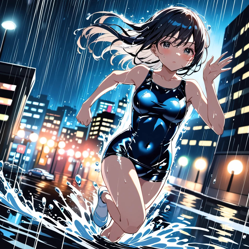 dynamic angle, ultra detailed cute moe anime, In the night city, under the dim glow of streetlights, a torrential downpour is falling heavily. Puddles form, and the roads flow like rivers. Amidst this, a girl in a (school swimsuit:1.3) is sprinting with all their might. The rain hits her skin, enveloping her in a cold embrace. Her hair is soaked, and water droplets stream down her face. The lights from surrounding buildings and cars reflect off the rain.