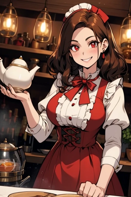 Perfect face. Perfect hands. A brown haired woman with red eyes and an hourglass figure in a Lolita maid dress is polishing a teapot  in a fancy kitchen with a big smile