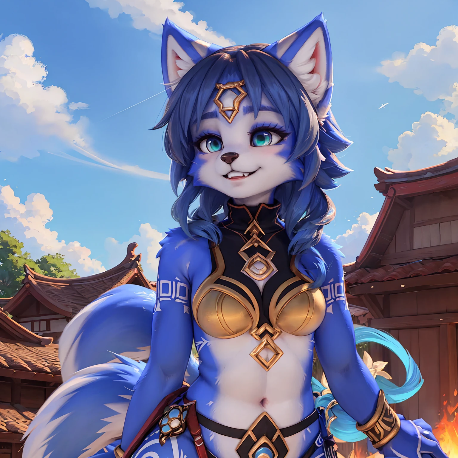 A beautiful and detailed (sweet picture) wa ((krystal)), Star Fox Krystal, sslim, lovable, green eyes, medium breasts, (((Long blue hair 1.3))),  ((black hair tips)), Decollete, grin, look up,, anthro, furry, Uploaded E621, detailed fluffy fur, (wa Fluff-Kevlar, Bayard Wu, personalize me, Pino Daeni), detailed face, (fluffy), 1 girl, alone, sweet girl, alone, trägt ein cosplay wa ganyu aus genshin impact, is located in your Japanese village