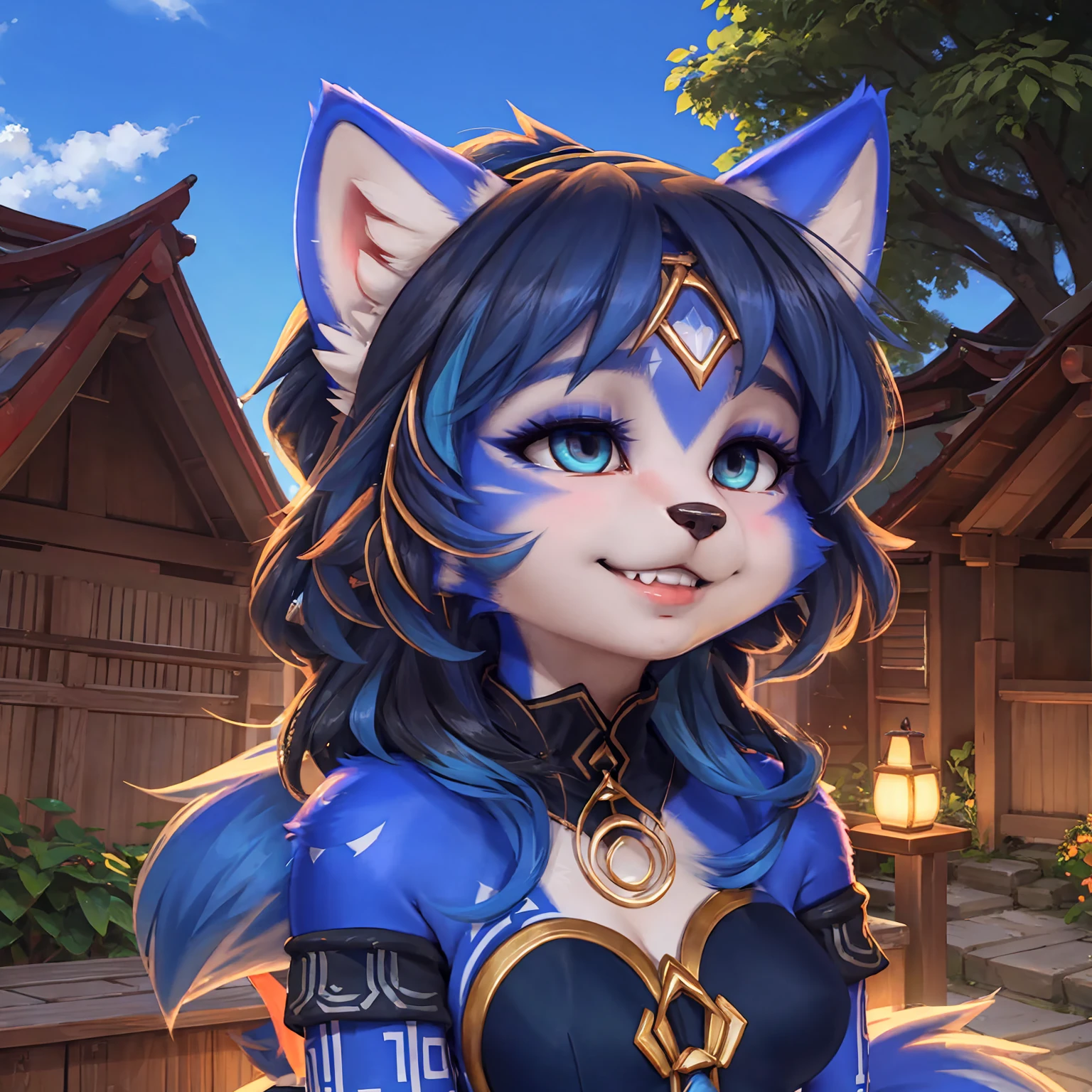 A beautiful and detailed (sweet picture) wa ((krystal)), Star Fox Krystal, sslim, lovable, green eyes, medium breasts, (((Long blue hair 1.3))),  ((black hair tips)), Decollete, grin, look up,, anthro, furry, Uploaded E621, detailed fluffy fur, (wa Fluff-Kevlar, Bayard Wu, personalize me, Pino Daeni), detailed face, (fluffy), 1 girl, alone, sweet girl, alone, trägt ein cosplay wa ganyu aus genshin impact, is located in your Japanese village