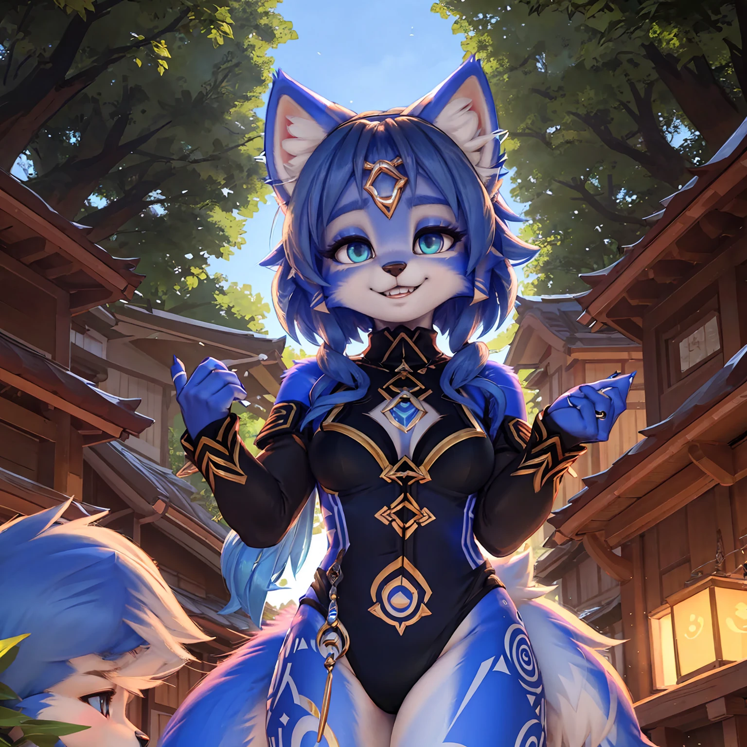 A beautiful and detailed (sweet picture) wa ((krystal)), Star Fox Krystal, sslim, lovable, green eyes, medium breasts, (((Long blue hair 1.3))),  ((black hair tips)), Decollete, grin, look up,, anthro, furry, Uploaded E621, detailed fluffy fur, (wa Fluff-Kevlar, Bayard Wu, personalize me, Pino Daeni), detailed face, (fluffy), 1 girl, alone, sweet girl, alone, trägt ein cosplay wa ganyu aus genshin impact, is located in your Japanese village