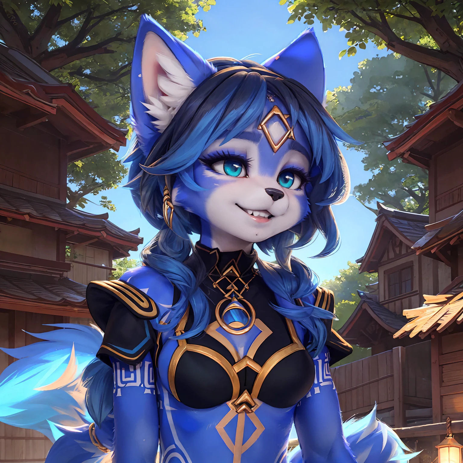 A beautiful and detailed (sweet picture) wa ((krystal)), Star Fox Krystal, sslim, lovable, green eyes, medium breasts, (((Long blue hair 1.3))),  ((black hair tips)), Decollete, grin, look up,, anthro, furry, Uploaded E621, detailed fluffy fur, (wa Fluff-Kevlar, Bayard Wu, personalize me, Pino Daeni), detailed face, (fluffy), 1 girl, alone, sweet girl, alone, trägt ein cosplay wa ganyu aus genshin impact, is located in your Japanese village