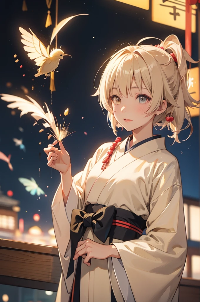 Takanashi hoshino kimono firework  niggt beige colored hair 