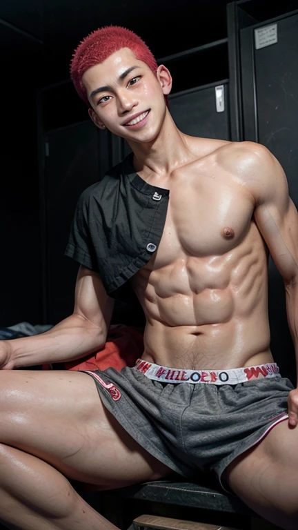 Japanese men、、Basketball Man、Muscles and smooth skin、Red shaved head、Relaxed and friendly smile、Boxer briefs with colorful polka dots on a black background、The whole body is visible from toes to head、Changing clothes in the locker room、Smiling with mouth open