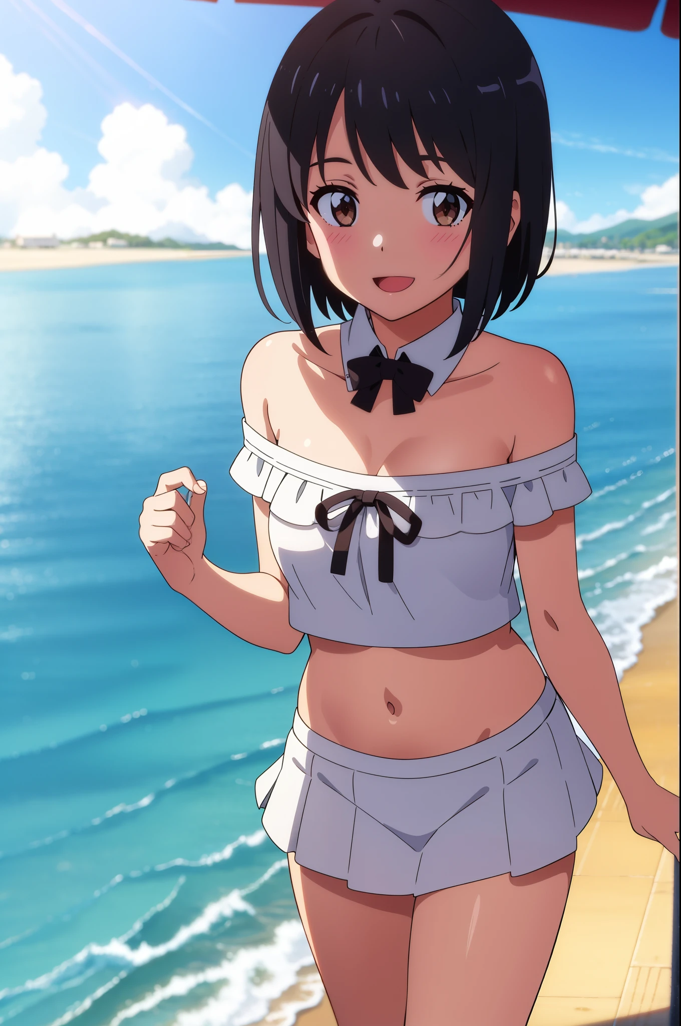 shinkai makoto, kimi no na wa., 1girl, bangs, black hair, blush, brown eyes, perfect face, looking at the viewer, white ruffled clothing, off shoulder strapless, exposed navel, white skirt, detached collar, red ribbon, short hair, solo, shinny skin, smile, cute, open mouth, :D, beach background, summer, sky, (masterpiece), best quality