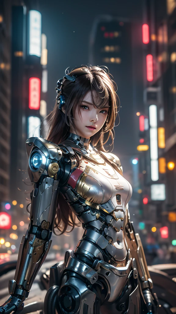  Cyborg Woman, The cyborg robot with an old and worn-out atmosphere is a combination of blue and silver., Oil-stained robot parts, mechanical face, fighting pose, circuits printed on the body, electrical wiring, golden hair, long hair, Fusion style of machine and fantasy female warrior concept, future city sf landscape, mechanical lighting, Nighttime