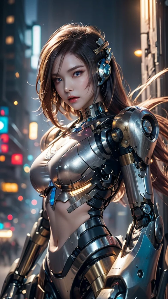 Cyborg Woman, The cyborg robot with an old and worn-out atmosphere is a combination of blue and silver., Oil-stained robot parts, mechanical face, fighting pose, circuits printed on the body, electrical wiring, golden hair, long hair, Fusion style of machine and fantasy female warrior concept, future city sf landscape, mechanical lighting, Nighttime