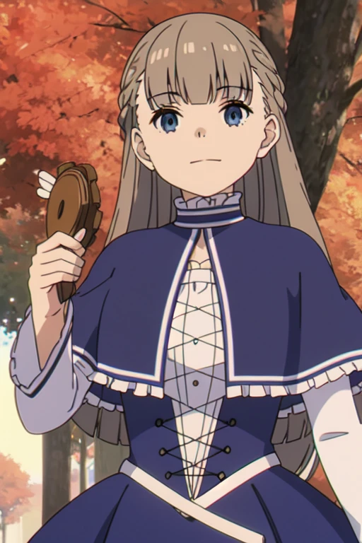 ((Bestquality))),((Ultra-detailed)),((illustration)),((Disheveledhair)),((frilld)),(1girl),(Solo), 1girl, autumn, autumn leaves, bangs, blue eyes, blunt bangs, braid, capelet, closed mouth, cloud, crown braid, dress, french braid, frilled sleeves, frills, holding, long hair, long sleeves, looking at viewer, outdoors, sky, smile, solo, sunset, tree, upper body, grey hair, Holding a staff, staff