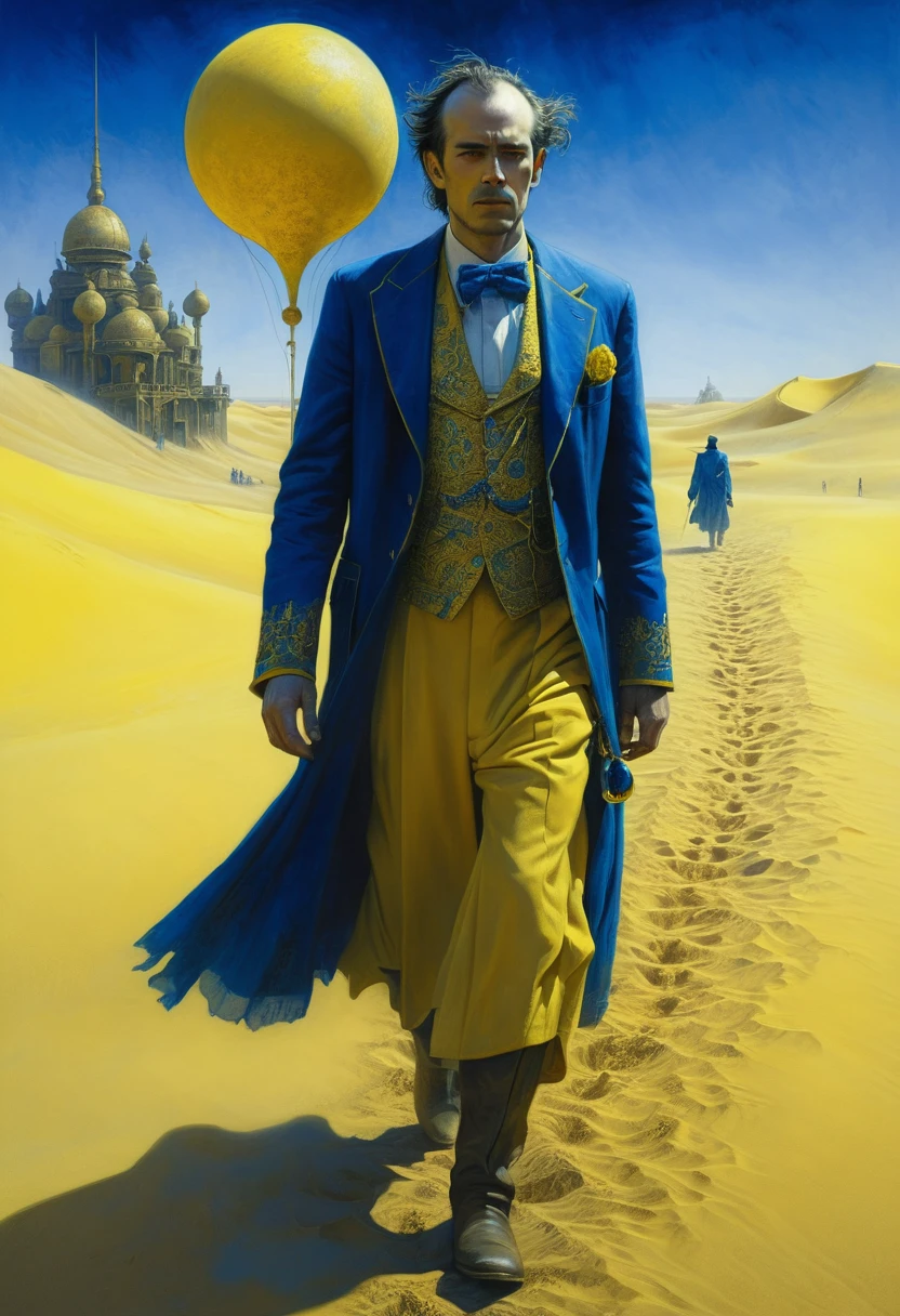 Steampunk dude joining on his dream, exploiting a new world coming into his eyes, walking on a desert of yellow sand, ornaments, horror movie scene, dark blue and light yellow, blue and yellow, royal blue and golden yellow, 4D, 8K, photorealistic, dreamlike, big and complex composition, masterpiece, artwork by Jeremy Mann, artwork by Beksinski, artwork by Bernie Wrightson, artwork by René Magrite, Surrealism, Impressionism