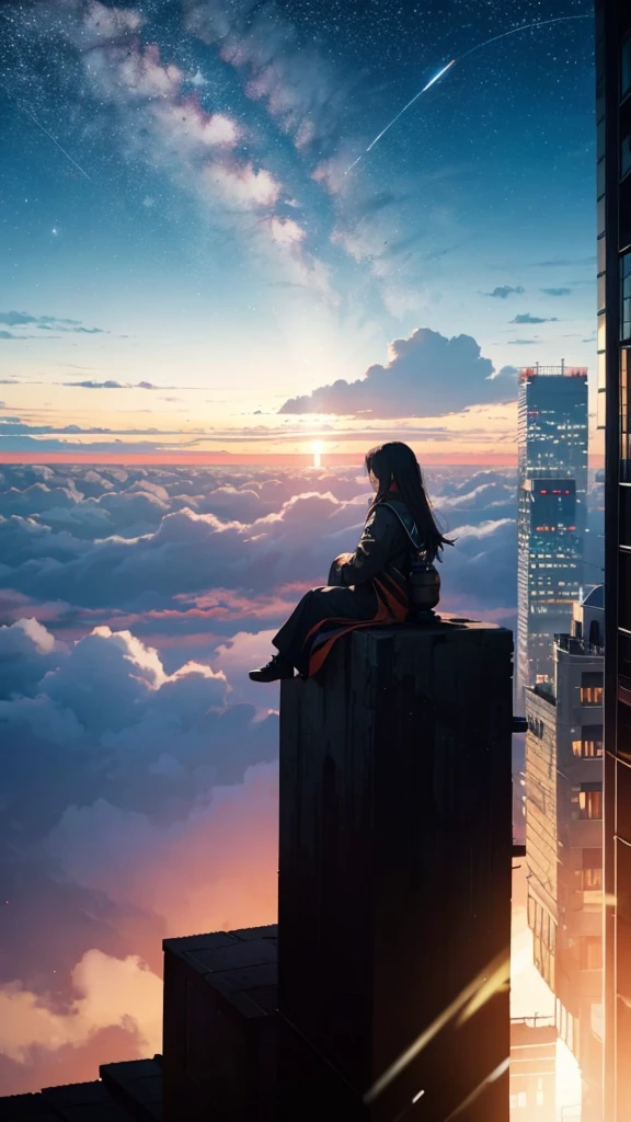 Octane, null, star (null), scenery, starry null, dawn, One girl, 夜 null, alone, Outdoor, building, cloud, milky way, Sitting, wood, Long Hair, city, silhouette, cityscape,Asahi,Start of the day