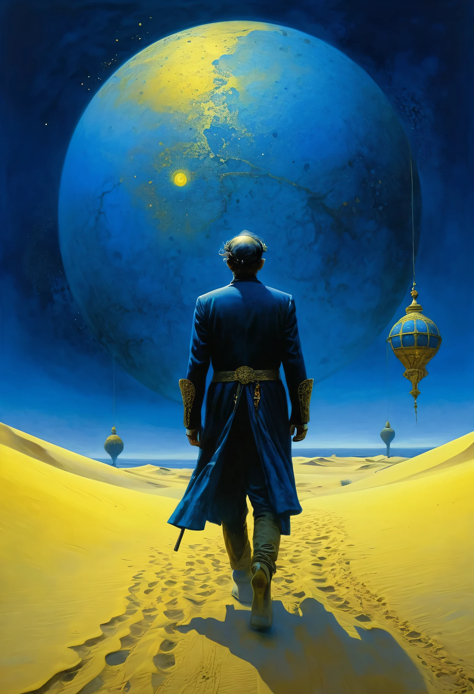 Steampunk dude joining on his dream, exploiting a new world coming into his eyes, walking on a desert of yellow sand, ornaments, horror movie scene, dark blue and light yellow, blue and yellow, royal blue and golden yellow, 4D, 8K, photorealistic, dreamlike, big and complex composition, masterpiece, artwork by Jeremy Mann, artwork by Beksinski, artwork by Bernie Wrightson, artwork by René Magrite, Surrealism, Impressionism