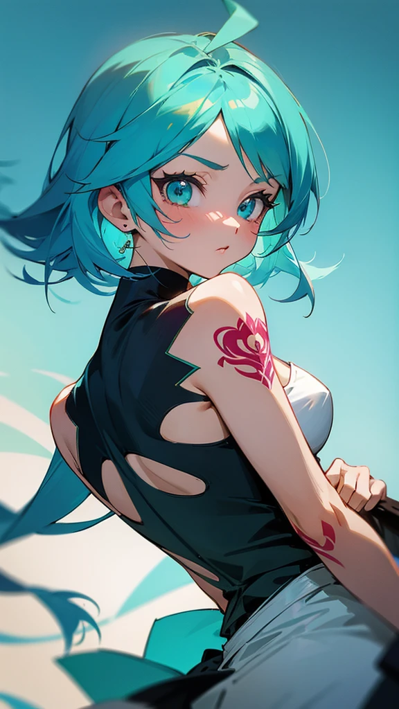 Turquoise hair anime girl with tattoo 