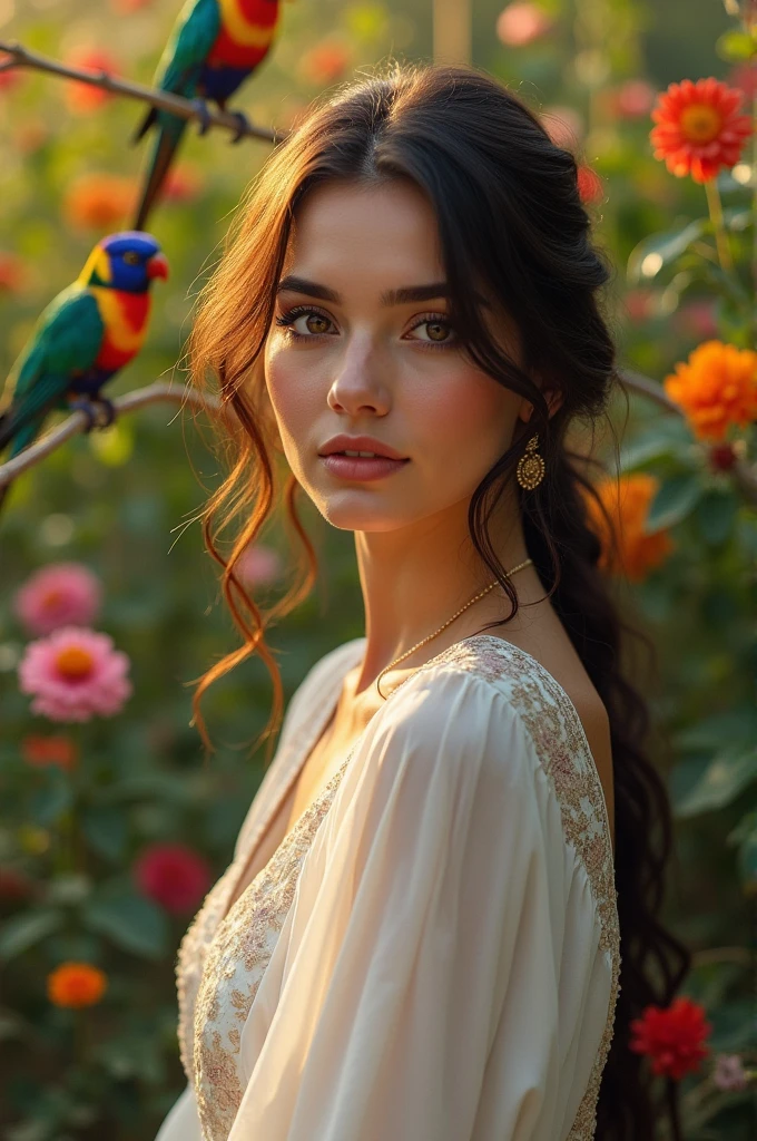 beautiful detailed woman, arabian moroccan woman, detailed brown eyes, detailed brown hair, woman in lush garden, woman wearing flowing white dress, surrounded by colorful birds, (best quality,4k,8k,highres,masterpiece:1.2),ultra-detailed,(realistic,photorealistic,photo-realistic:1.37),intricate details,stunning portrait,warm lighting,vibrant colors,natural environment