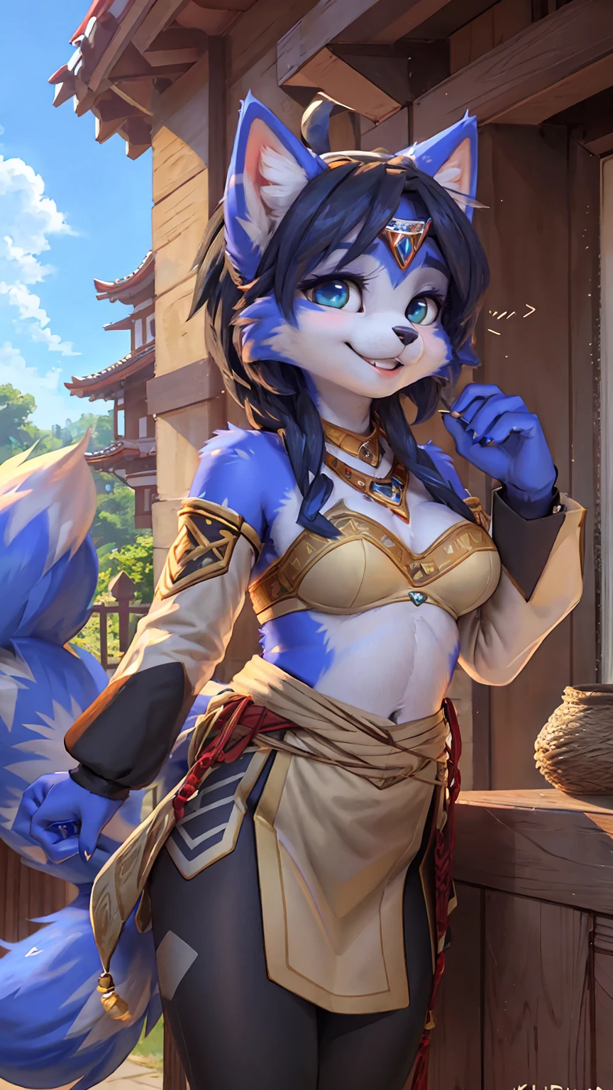 A beautiful and detailed (sweet picture) wa ((krystal)), Star Fox Krystal, sslim, lovable, green eyes, medium breasts, (((Long blue hair 1.3))),  ((black hair tips)), Decollete, grin, look up,, anthro, furry, Uploaded E621, detailed fluffy fur, (wa Fluff-Kevlar, Bayard Wu, personalize me, Pino Daeni), detailed face, (fluffy), 1 girl, alone, sweet girl, alone, trägt ein cosplay wa ganyu aus genshin impact, is located in your Japanese village