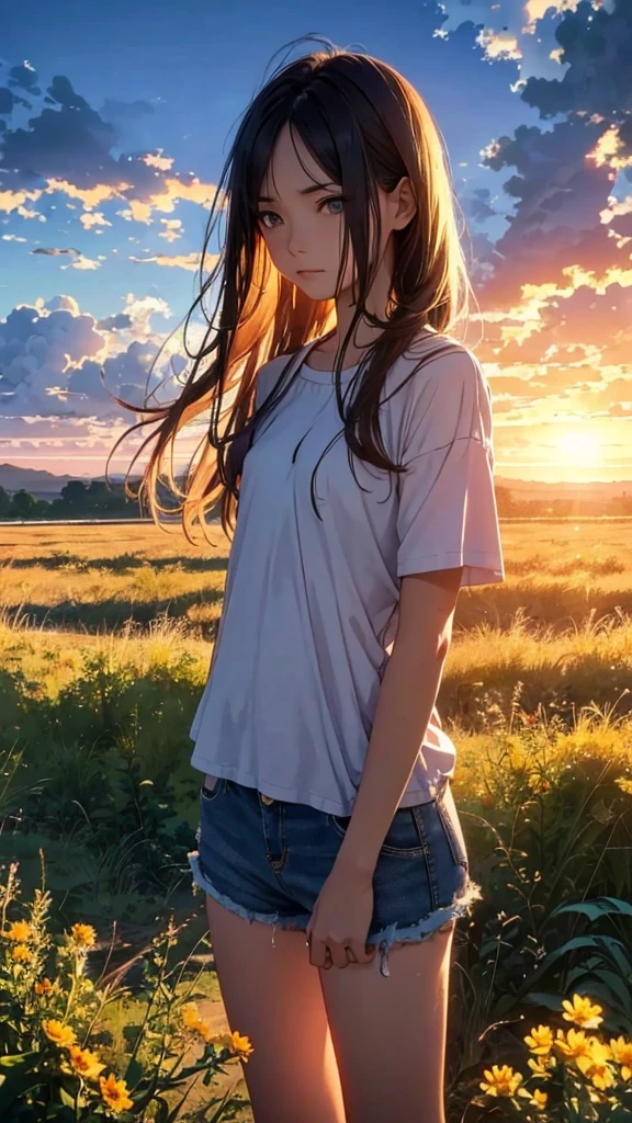 She stands in a desolate field, holding a small flower, with the setting sun in the background. Her expression should reflect sadness and hope, capturing the complexity of her character. The combination of her cyan shirt and cyan shorts, along with her long, straight hair with cyan highlights, adds a touch of color and sensuality to the scene. The image should convey Lina’s vulnerability and strength. The background must attractive.