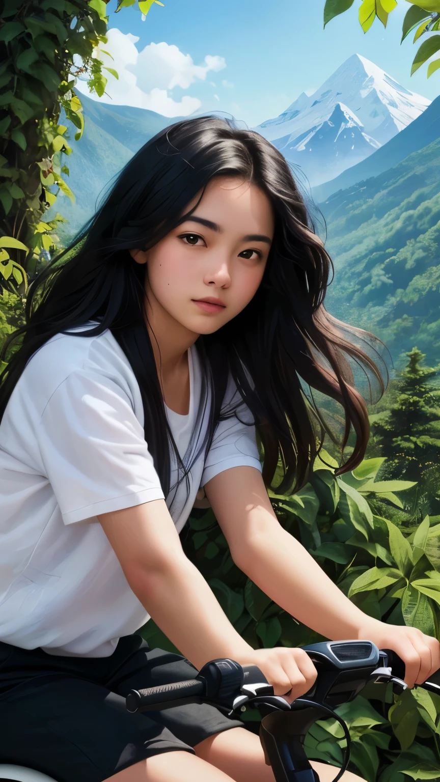 ((best quality)), ((masterpiece)), (detailed), A portrait closeup of a long black haired age girl riding a scooter surrounded by butterflies and greenery with a mountain in the background