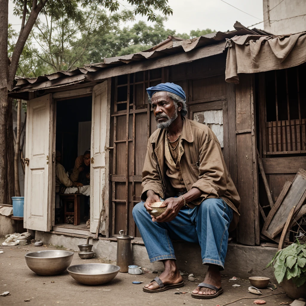In front of a house a beggar, dressed in old clothes, is bowl in his hand, in front of which a rich man is eating. The rich man is very angry.