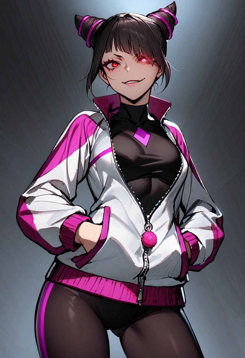 beautiful young fitness woman with , in a gym wearing May with black hose, tightpurple gym jacket. standing alone,hair horns,red eyes glowing,Evil smile,legging preto ,labiaa,dark eye w,shining eyes,hands in our pockets,neckleace,jacket zipper half open,Tight black shirt,white sports tennis shoes,short hair with purple details