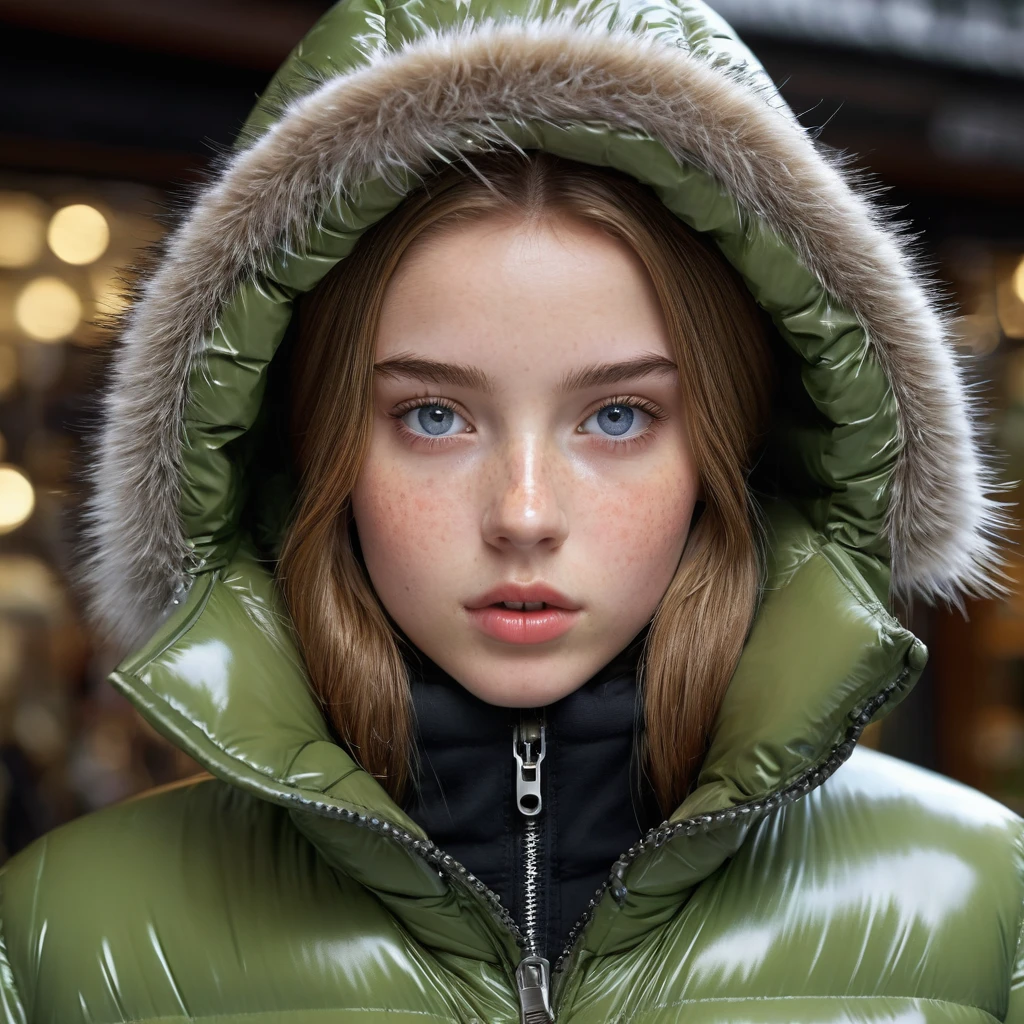 a slim ponytail 16 year old girl,beautiful detailed eyes,beautiful freckles,beautiful detailed lips,extremely detailed eyes and face,longeyelashes,in beautiful detailed hooded formfitting duvetica overfilled super gleamy thick glossy opened puffer jacket covering zipped puffer vest,latex leggings,symmetrical,standing in a pufferstore,masterpiece,cinematic,lifelike,hyperrealistic,8k,photorealistic,highly detailed,intricate,exquisite,elegant,beautiful,stunning