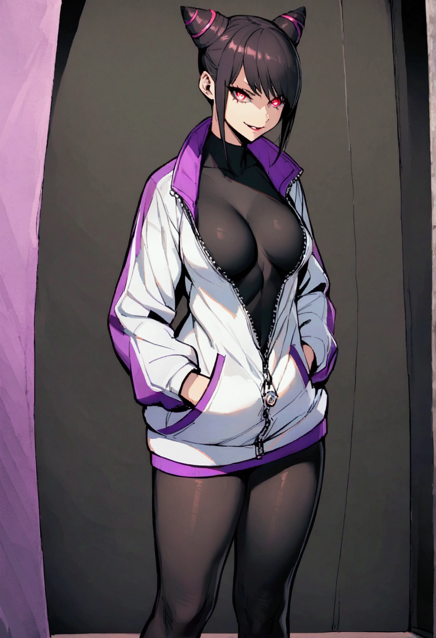 beautiful young fitness woman with , in a gym wearing May with black pantyhose, tight white and purple gym jacket. standing alone,hair horns,red eyes glowing,Evil smile,legging preto ,labiaa,dark eye shadow,shining eyes,hands in our pockets,neckleace,jacket zipper half open,Tight black shirt,white sports tennis shoes,short hair with purple details,beautiful curves,whole body