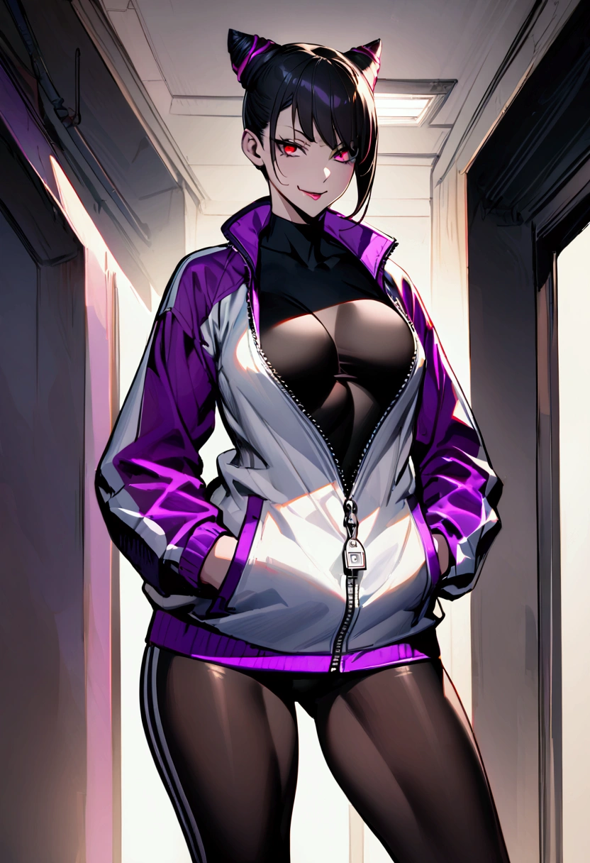 beautiful young fitness woman with , in a gym wearing May with black pantyhose, tight white and purple gym jacket. standing alone,hair horns,red eyes glowing,Evil smile,legging preto ,labiaa,dark eye shadow,shining eyes,hands in our pockets,neckleace,jacket zipper half open,Tight black shirt,white sports tennis shoes,short hair with purple details,beautiful curves,whole body

