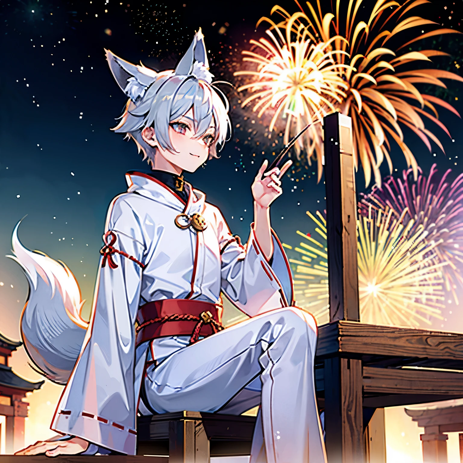 1boy, Silver Hair、Fox ears、Fox&#39;s Tail、Yukata、
Watching the fireworks、Quiet shrine、