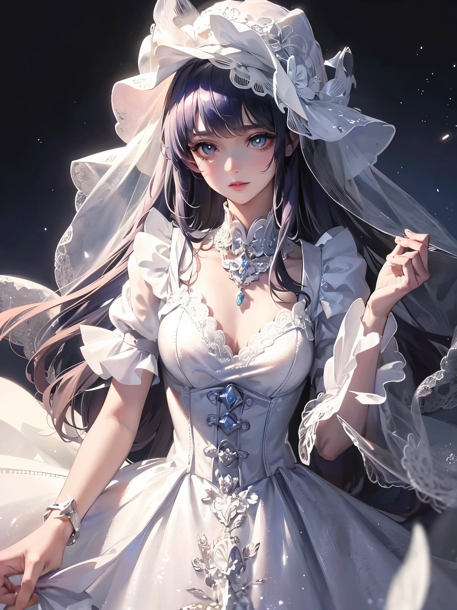 Super delicate cute girl in a ta dress with dark blue hair. 8K Ultra High Definition, Delicate texture, Pure white background.