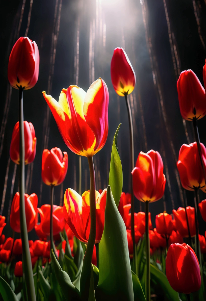 (Tulip:1.2), lmmerse yourself in the neon-lit, retro-futuristic garden in Retro Cyberpunk Visions, where the bright contrasts with the rough, forming a nostalgic yet futuristic scene, RAW photo, color graded, captivating chiaroscuro, dynamic movement, full body, (special effects:0.1), award-winning, cinematic still, emotional, vignette, dynamic, vivid, (masterpiece, best quality, photorealistic, Professional, perfect composition, very aesthetic, absurdres, ultra-detailed, intricate details:1.3)