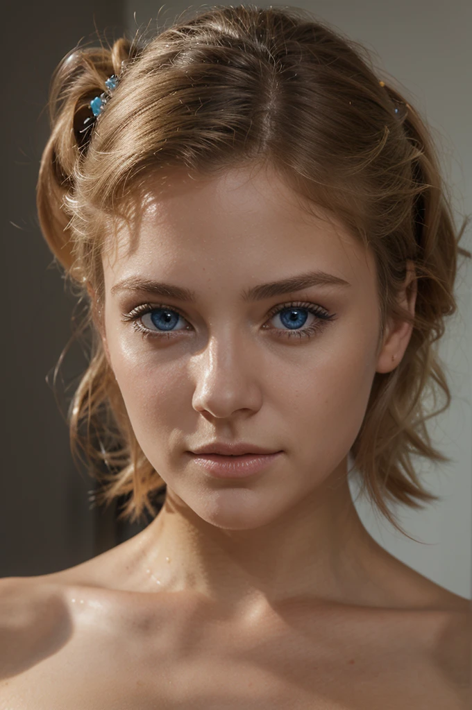 ultra realistic, detailed, portrait, belle jeune fille, 21 ans, bionde, cheveux blonds clairs longs et bouclés, blue eye, visage neutre