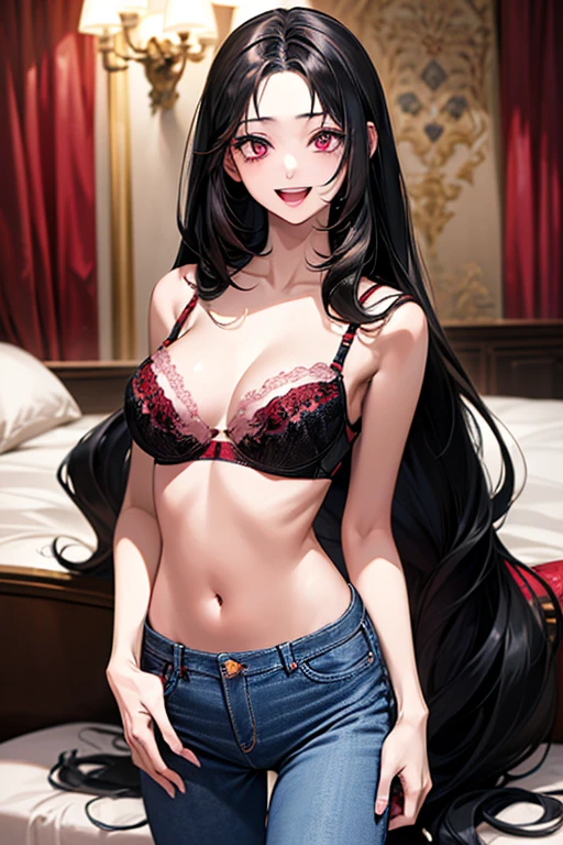 Very detailed、highest quality、Best image quality、masterpiece、8k、Anime Face、A kind smile、Open Mouth、((black long hair:1.5))、huge breast, sexy、 beautiful body 、Cowboy Shot, Sexual Intercourse, ((pink eyes)), hotel bedroom, ((( Jeans))), ((((red bra))))