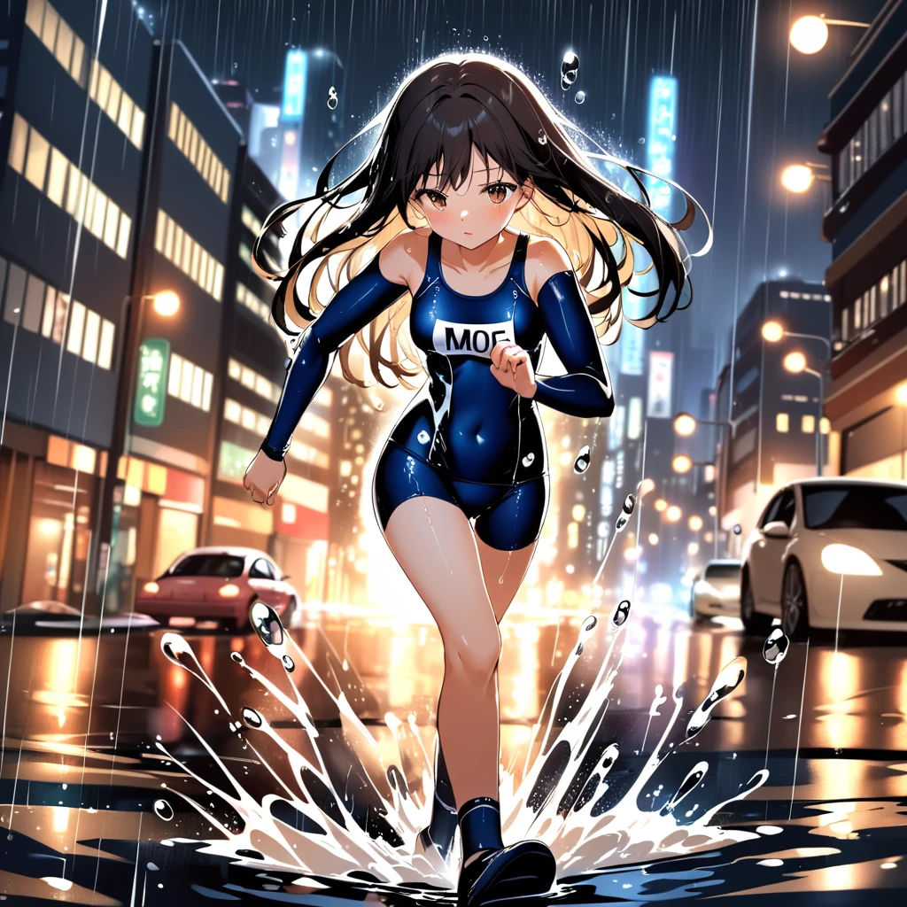 dynamic angle, ultra detailed cute moe anime, In the night city, under the dim glow of streetlights, a torrential downpour is falling heavily. Puddles form, and the roads flow like rivers. Amidst this, a girl in a (school swimsuit:1.3) is sprinting with all their might. The rain hits her skin, enveloping her in a cold embrace. Her hair is soaked, and water droplets stream down her face. The lights from surrounding buildings and cars reflect off the rain.