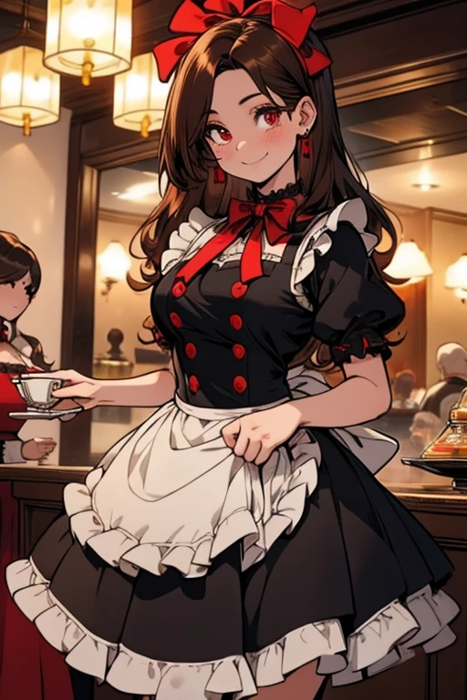 Perfect face. Perfect hands. A brown haired woman with red eyes and an hourglass figure in a Lolita maid dress is serving tea in a fancy maid cafe with a big smile