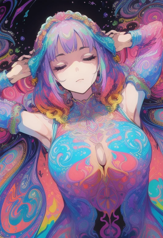 (psychedelic art:1.5), (from below:1.2), intricate dress, upper body, closed eyes,