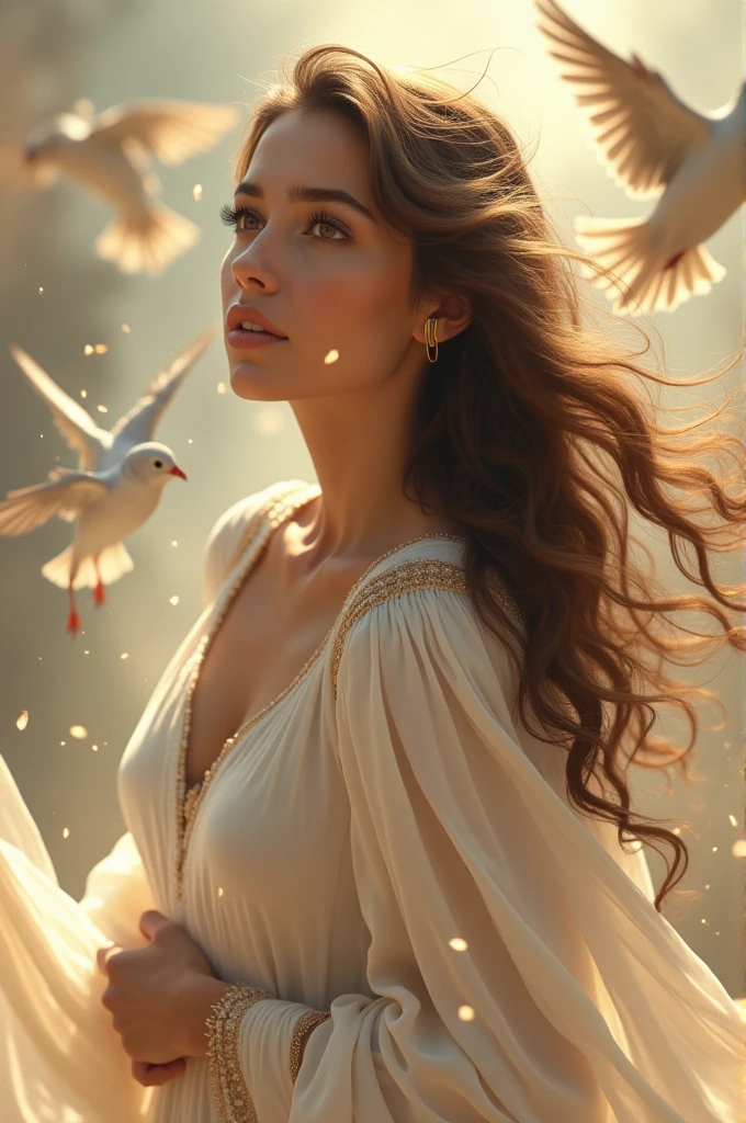 beautiful detailed woman, arabian moroccan woman, detailed brown eyes, detailed brown hair, woman in heaven , woman wearing flowing white dress, surrounded by birds, (best quality,4k,8k,highres,masterpiece:1.2),ultra-detailed,(realistic,photorealistic,photo-realistic:1.37),intricate details,stunning portrait,warm lighting,vibrant colors,natural environment