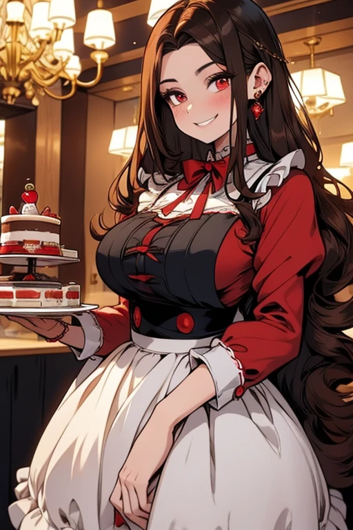 Perfect face. Perfect hands. A brown haired woman with red eyes and an hourglass figure in a ta maid dress is serving a slice of cake in a fancy maid cafe with a big smile
