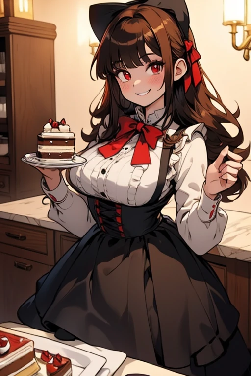 Perfect face. Perfect hands. A brown haired woman with red eyes and an hourglass figure in a Lolita maid dress is serving a slice of cake in a fancy maid cafe with a big smile