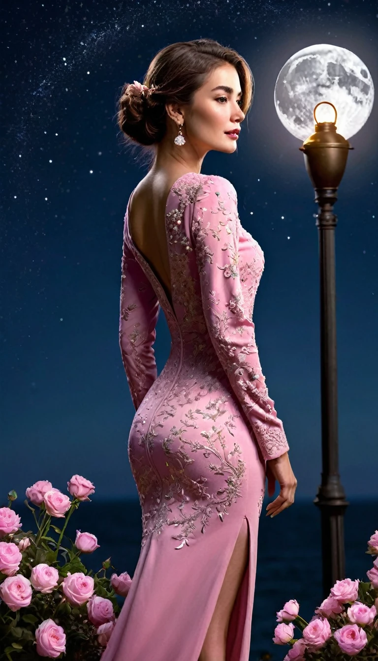 beautiful woman in a pink dress with long sleeves, night, moon, stars, flowers, lamp, distance, trending on artstation, sharp focus, studio photo, intricate details, highly detailed, by greg rutkowski