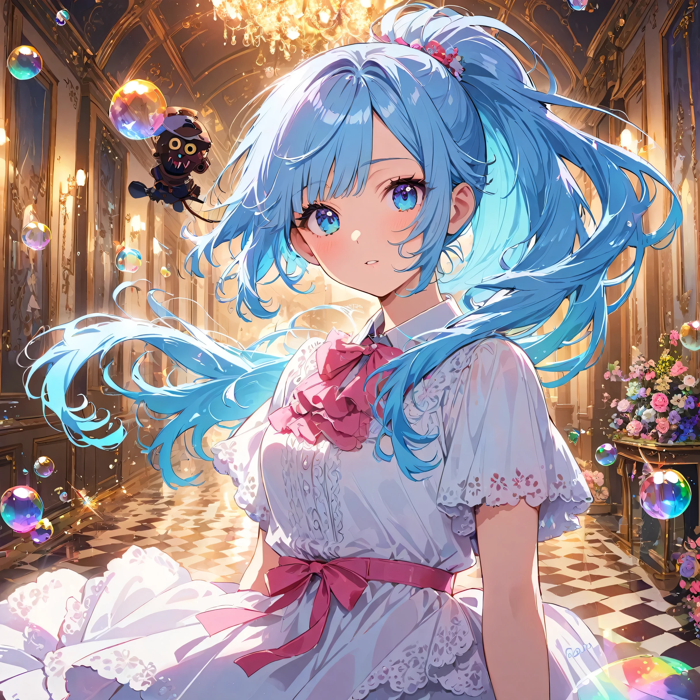 (masterpiece), (highest quality), (Super Detail), (Disheveled Hair), (figure), (One Girl), (Fashionable clothes), Are standing, Fashion Model, Beholder, (interview), (Disneyland style background), Beautiful beautiful eyes, Delicate and beautiful face, floating, (High saturation), (Colorful Splash), Colorful bubbles, (Shine), Focus on the face, ponytail, Light blue hair, bangs, Hair Ring, floating Flowers, floating Hairs, (The Shining), Best lighting, Best Shadow