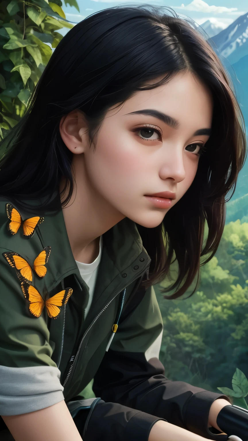 ((best quality)), ((masterpiece)), (detailed), A portrait closeup of a long black haired teenage girl riding a scooter surrounded by butterflies and greenery with a mountain in the background