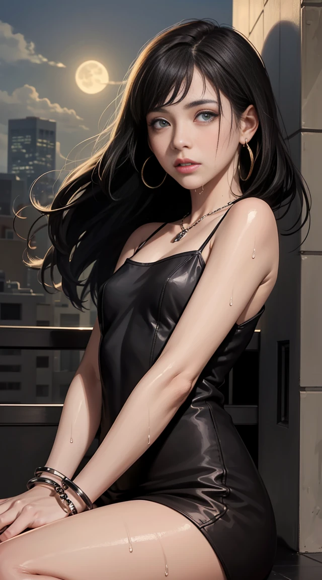 (32k:1.5, Highest quality, masterpiece, Ultra-high resolution), Professional camera work:1.6, Highly detailed skin and face textures:1.3, Captivating portrait:1.2, Very accurate, Very detailed, 2 adult females:1.0, ((Amazing night view from the rooftop:1.4, The moonlight at night illuminates my body)), (Satin Nightgown:0.7), Incredibly slim body, Sensual sitting position, sense of loss, sorrow, Expression of sorrow, (Big eyes that exude beautiful eroticism:0.4, Small face, A dreamy look:1.0, I love you with all my heart:0.8, Please open your mouth a little, lipstick, Feel the beautiful eroticism:0.9), (Wet dark brown medium length hair), Candles, The chest is medium, Earrings, necklace, bracelet, (romantic, mysterious), Fair skin, elegant, Object of admiration, original, dramatic, Artistic, Innovative, charm, Heartful, Fancy, sense of openness, sense of cleanliness, special, exciting, Extreme, Tilt, ((Adult charm, Feminine charm, Hair blowing in the wind)