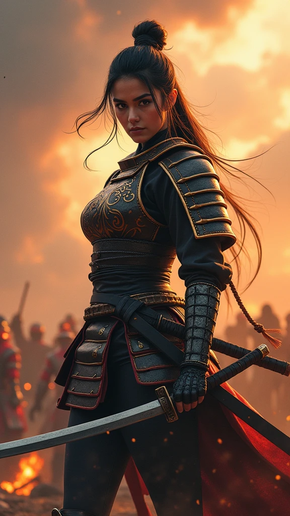 ((Japan Female Samurai),battlefield,Dynamic pose,Portrait of the upper body、Long sword,armor,Burning sky,Crazy Details,Intricate details,High resolution,8k,((Anatomically correct))