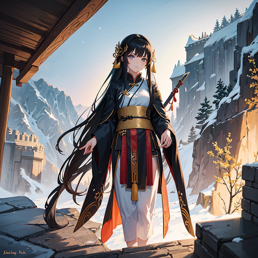 A beautiful young woman in the costume of an ancient Chinese general with long black hair, a barrette, and a long spear in her hand. Standing on the Great Wall of China looking down, close up ,sunset.