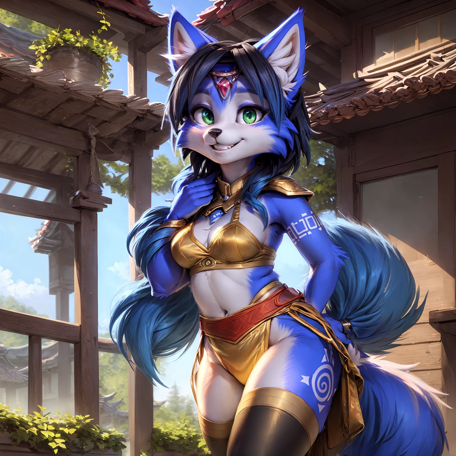 A beautiful and detailed (sweet picture) wa ((krystal)), Star Fox Krystal, sslim, lovable, green eyes, medium , (((Long blue hair 1.3))), ((black hair tips)), Decollete, grin, look up,, anthro, furry, Uploaded E621, detailed fluffy fur, (wa Fluff-Kevlar, Bayard Wu, personalize me, Pino Daeni), detailed face, (fluffy), 1 girl, alone, sweet girl, alone, trägt ein cosplay wa ganyu aus genshin impact, is located in your Japanese village