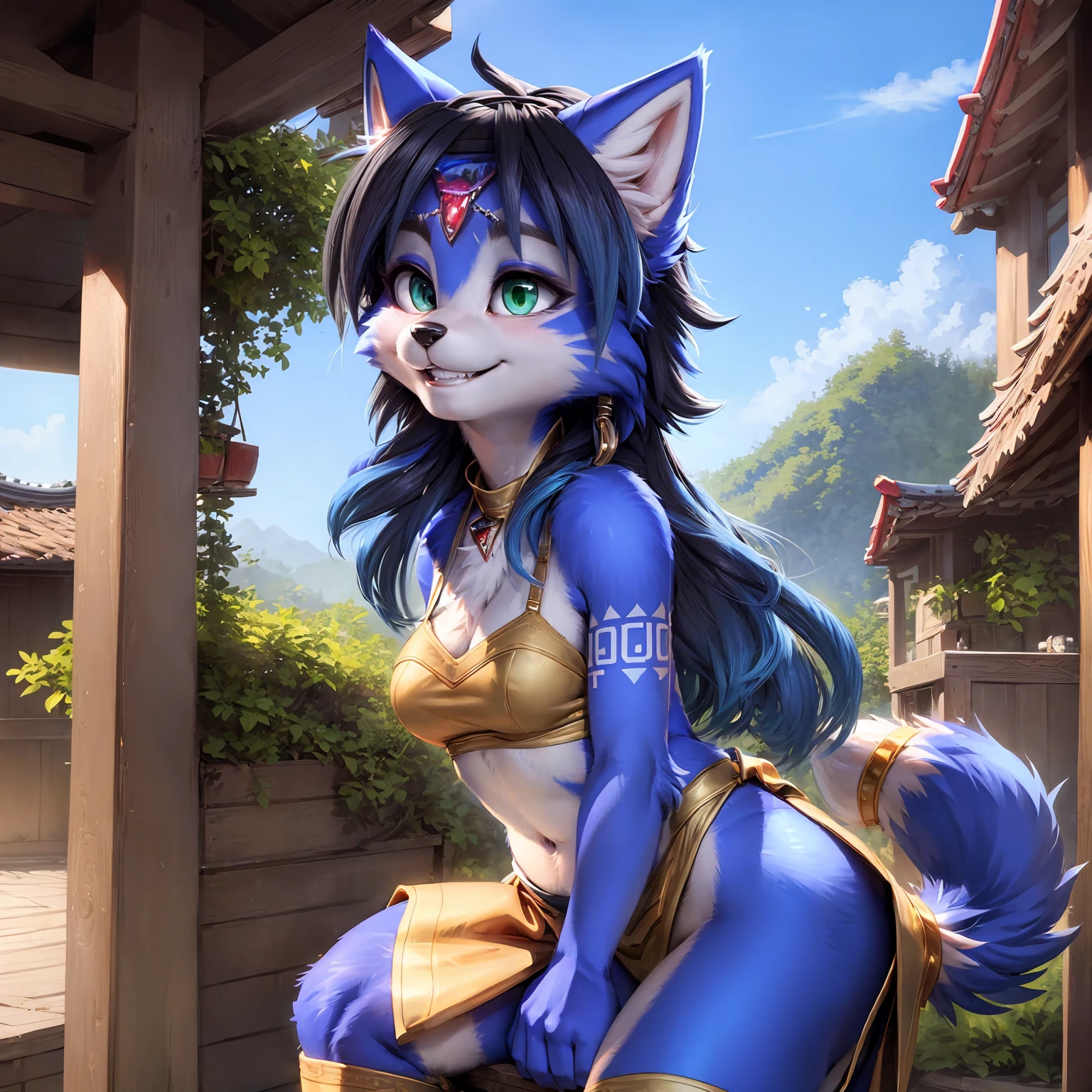 A beautiful and detailed (sweet picture) wa ((krystal)), Star Fox Krystal, sslim, lovable, green eyes, medium breasts, (((Long blue hair 1.3))),  ((black hair tips)), Decollete, grin, look up,, anthro, furry, Uploaded E621, detailed fluffy fur, (wa Fluff-Kevlar, Bayard Wu, personalize me, Pino Daeni), detailed face, (fluffy), 1 girl, alone, sweet girl, alone, trägt ein cosplay wa ganyu aus genshin impact, is located in your Japanese village